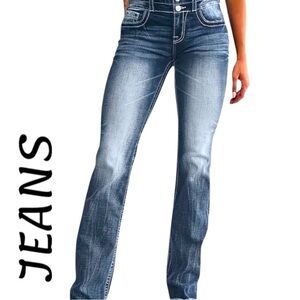 Blue Straight Leg Jeans with Whiskering Effect